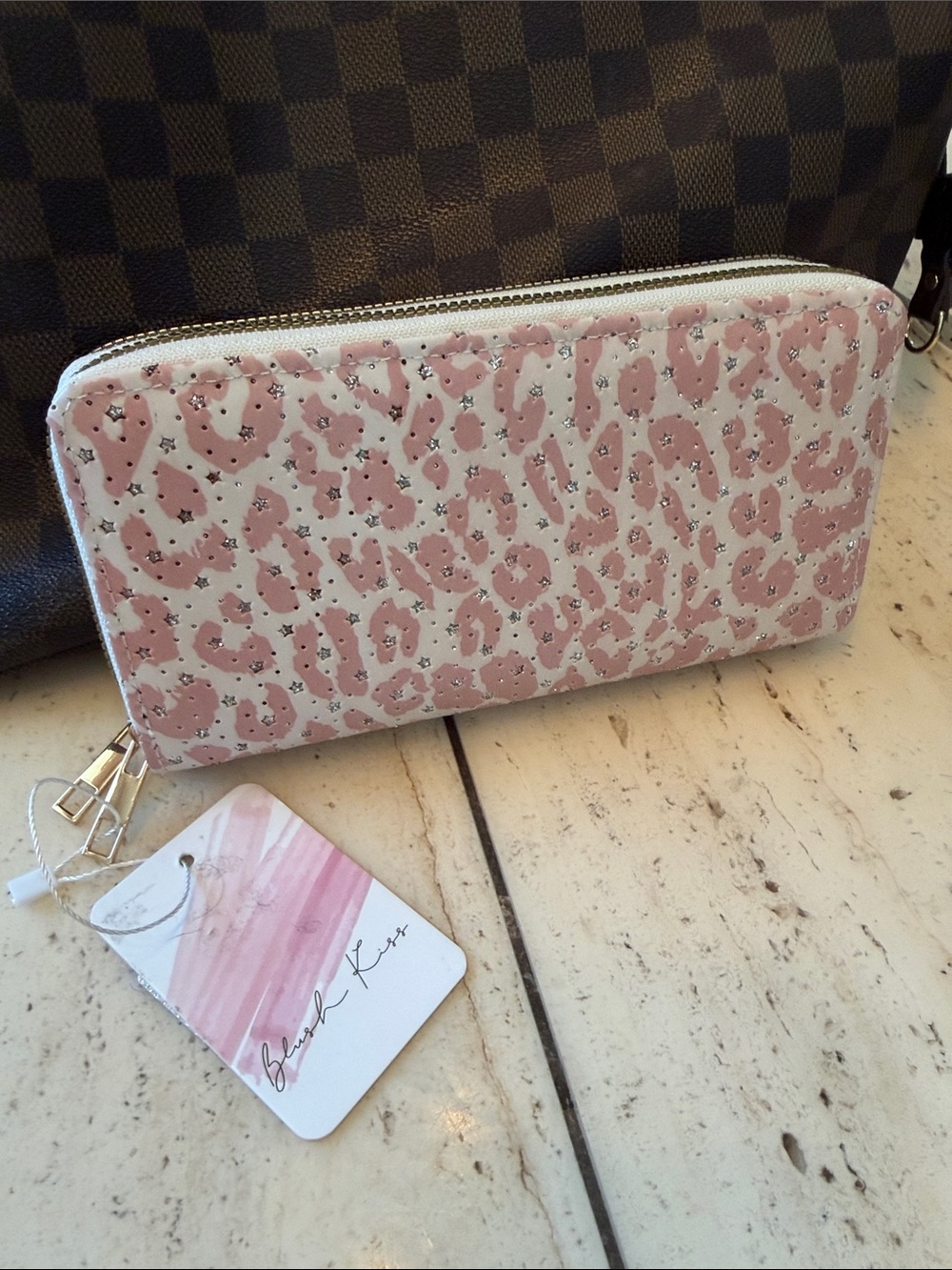 NWT Blush Kiss Double Zipper Accordion Wallet with Sparkled stars and Pink Print